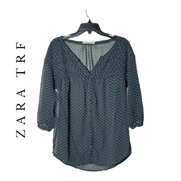 1870. ZARA TRF 3/4 SLEEVE BLOUSE NAVY BLUE WITH YELLOW CIRCLES BUTTON UP SIZE MD - Picture 1 of 9